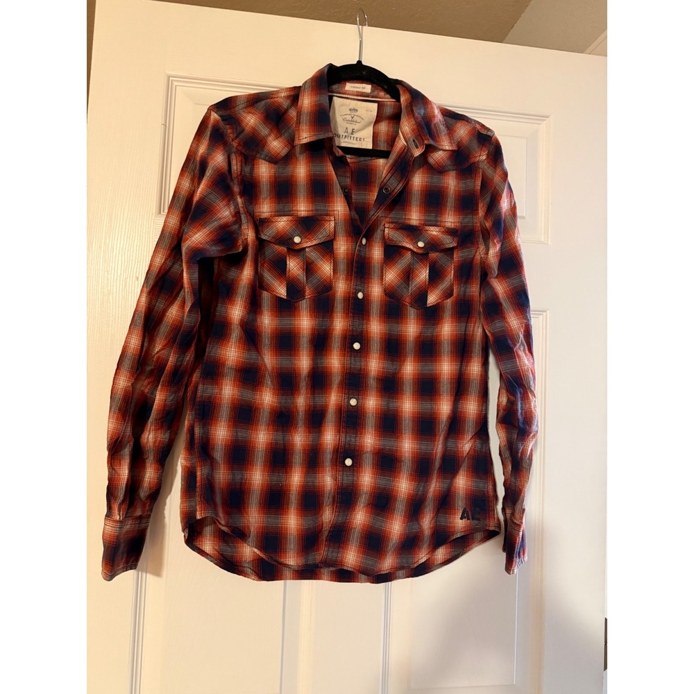 American Eagle Outfitters Mens Red Navy Plaid Western Snap Button Shirt Small